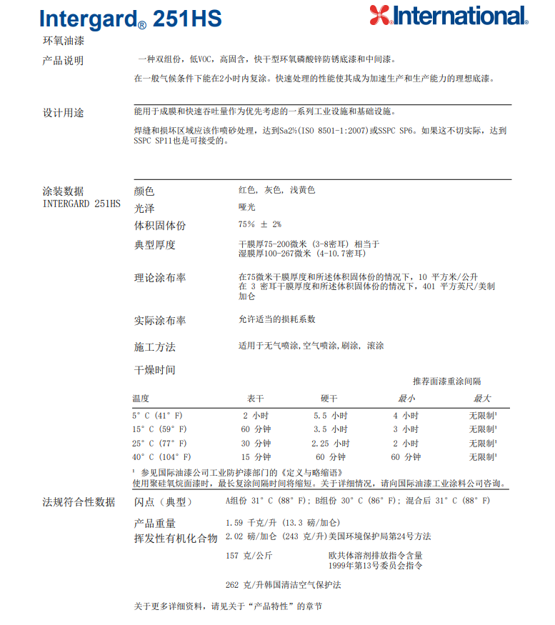 Intergard 251HS环氧油漆快干型环氧磷酸锌防锈底漆和中间漆